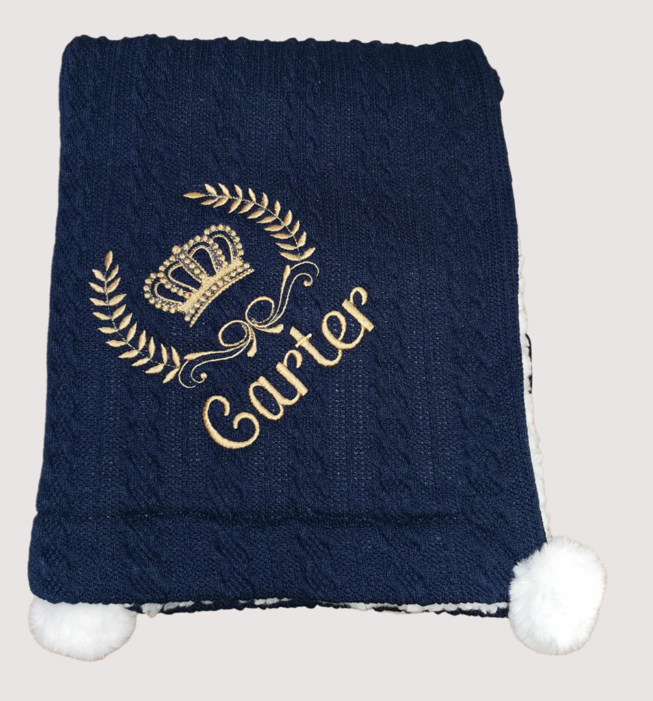 Personalised cable knit pom blanket - Crown & Crest