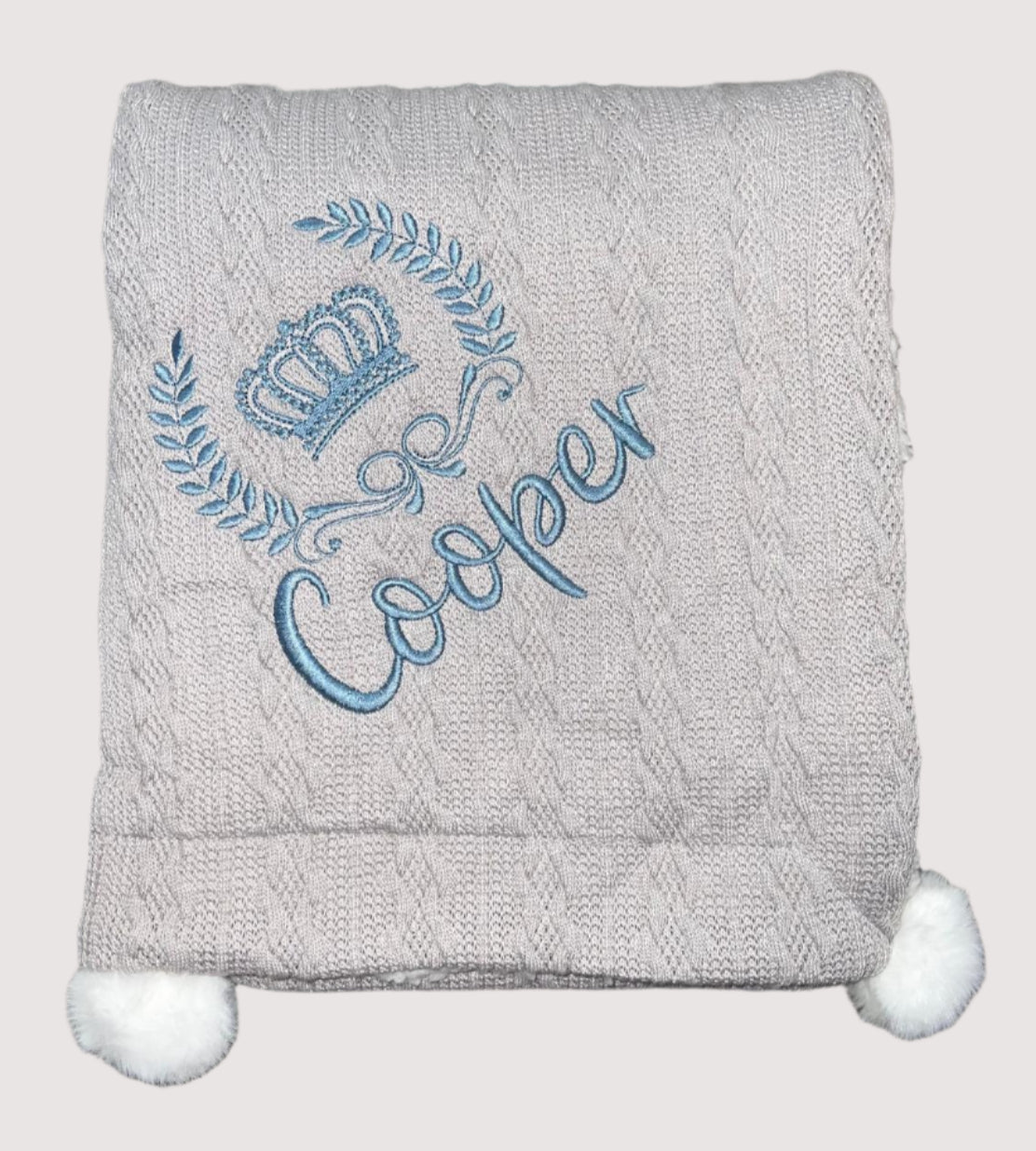 Personalised cable knit pom blanket - Crown & Crest