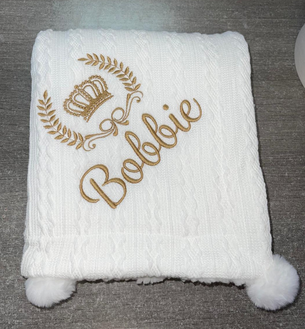 Personalised cable knit pom blanket - Crown & Crest