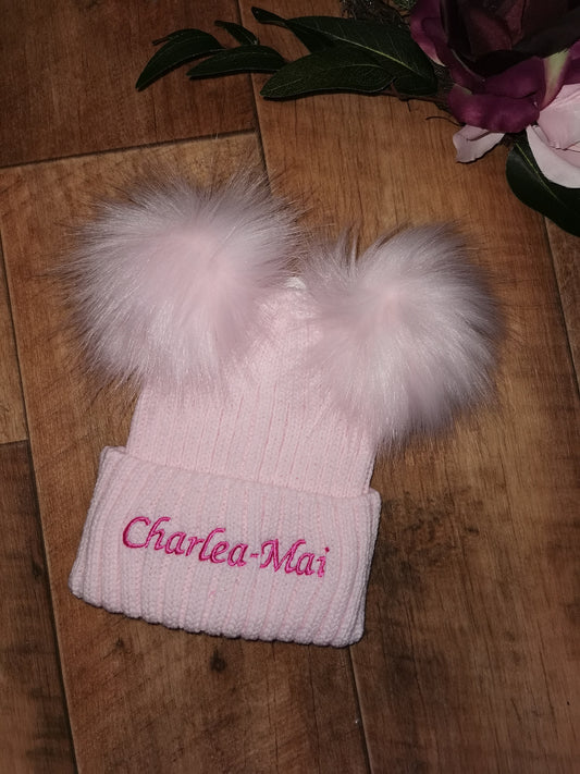 Personalised Luxury baby pink double pom pom hat