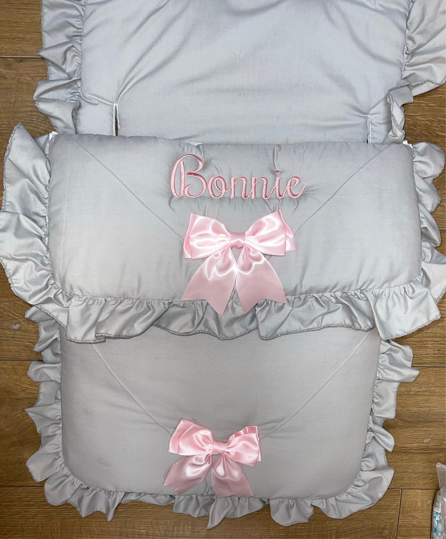 Personalised Two Bow Grey & pink Cosytoes / foot muff