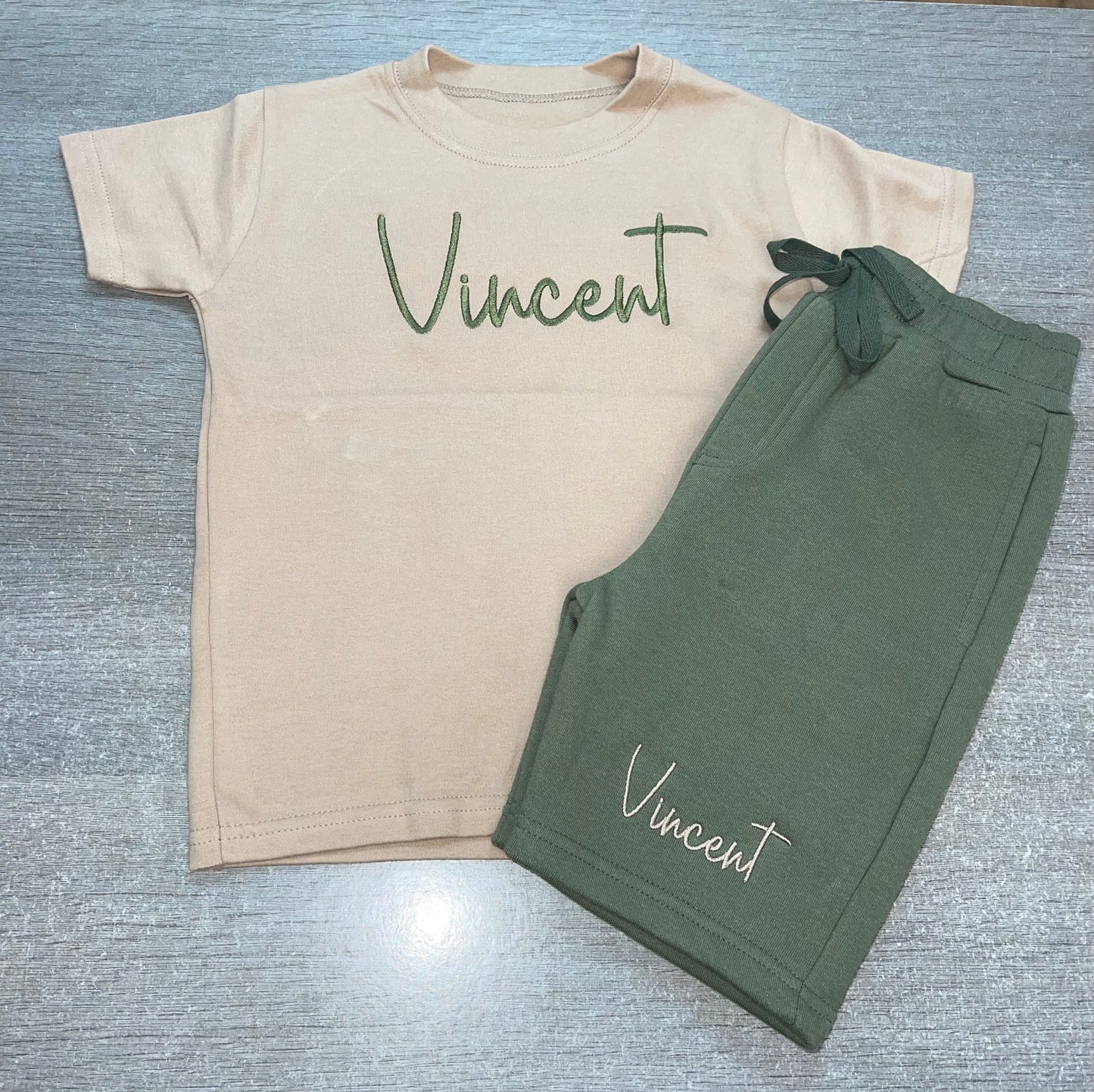 Personalised T-Shirt & short set - Khaki & beige
