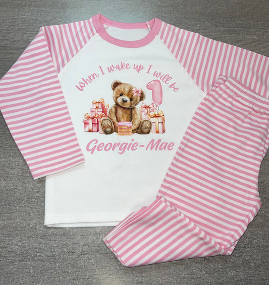 Personalised pink stripe Birthday Pyjamas - Teddy design