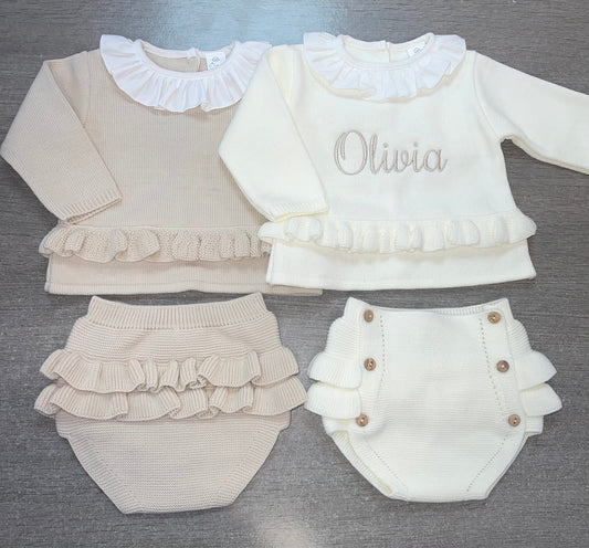 Personalised girls knitted sets - cream, beige & pink
