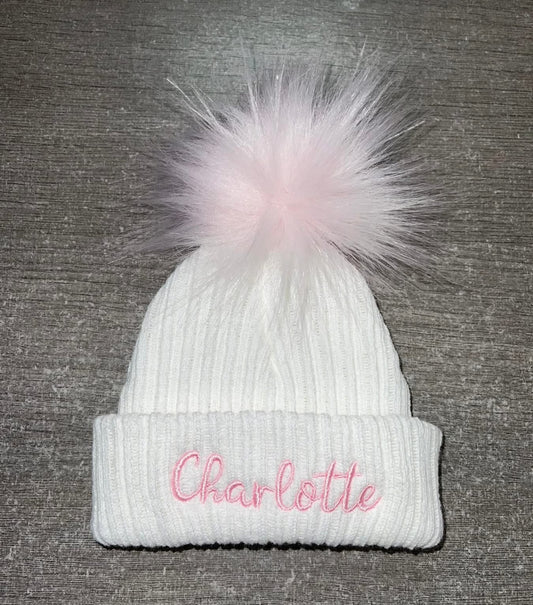 Personalised white & pink pom pom hat