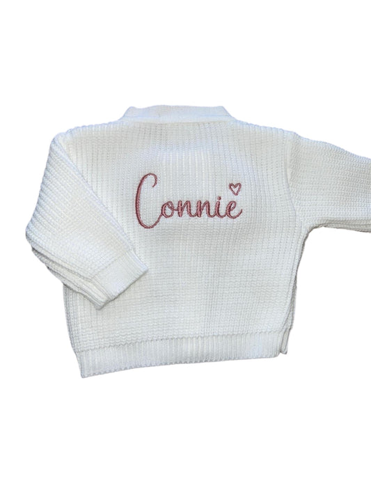 Personalised White Ribbed Knitted baby cardigan