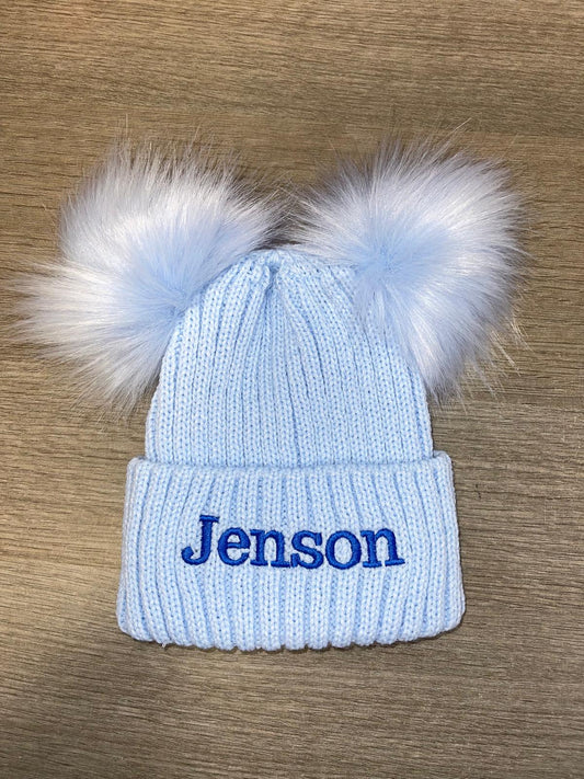 Personalised Luxury baby blue double pom pom hat