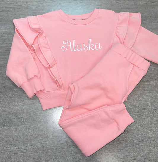 Personalised Girls Frill Tracksuit - Pink