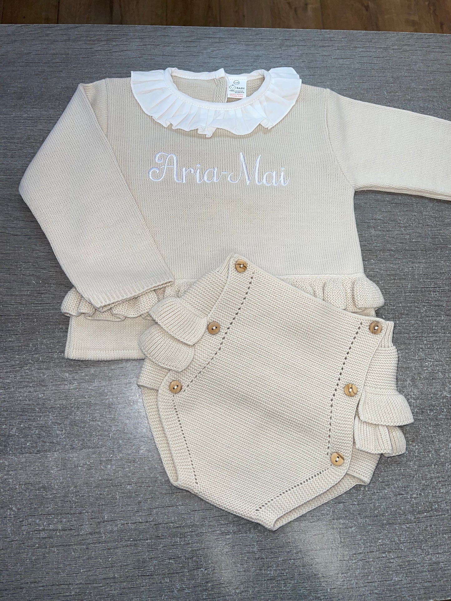 Personalised girls knitted sets - cream, beige & pink