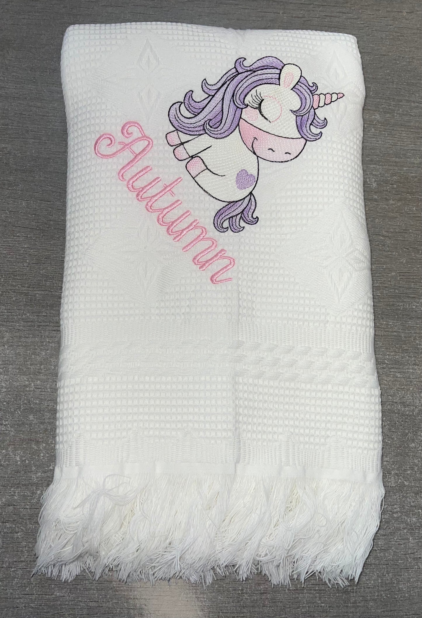 Personalised white shawl unicorn design