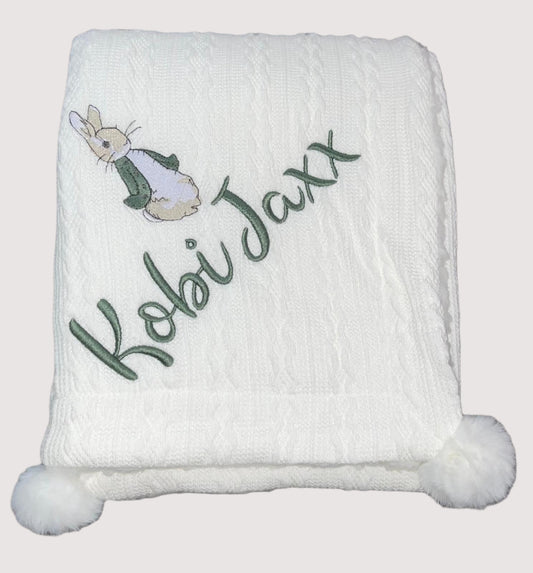 Personalised cable knit pom blanket - Peter / Flopsy rabbit