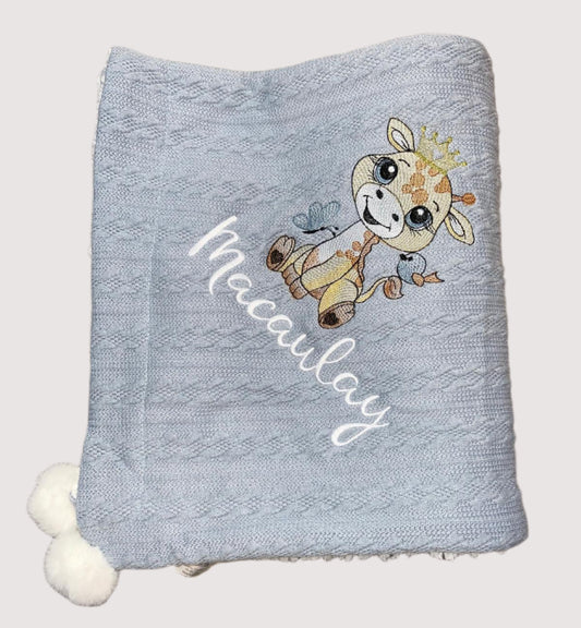 Personalised cable knit pom blanket - Giraffe