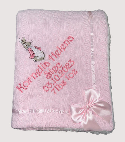 Personalised Cable knit Bow Blanket - Full Details & Peter / Flopsy Rabbit