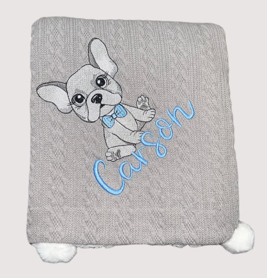 Personalised cable knit pom blanket - Frenchie