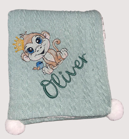 Personalised cable knit pom blanket - Monkey