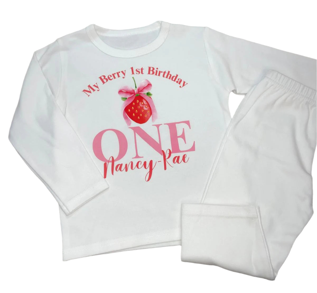 Personalised Berry 1st Birthday girls white pyjamas