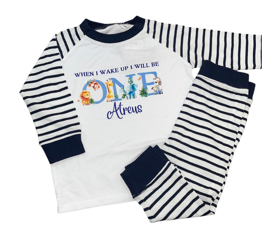 Personalised white & navy Birthday Pyjamas - Safari