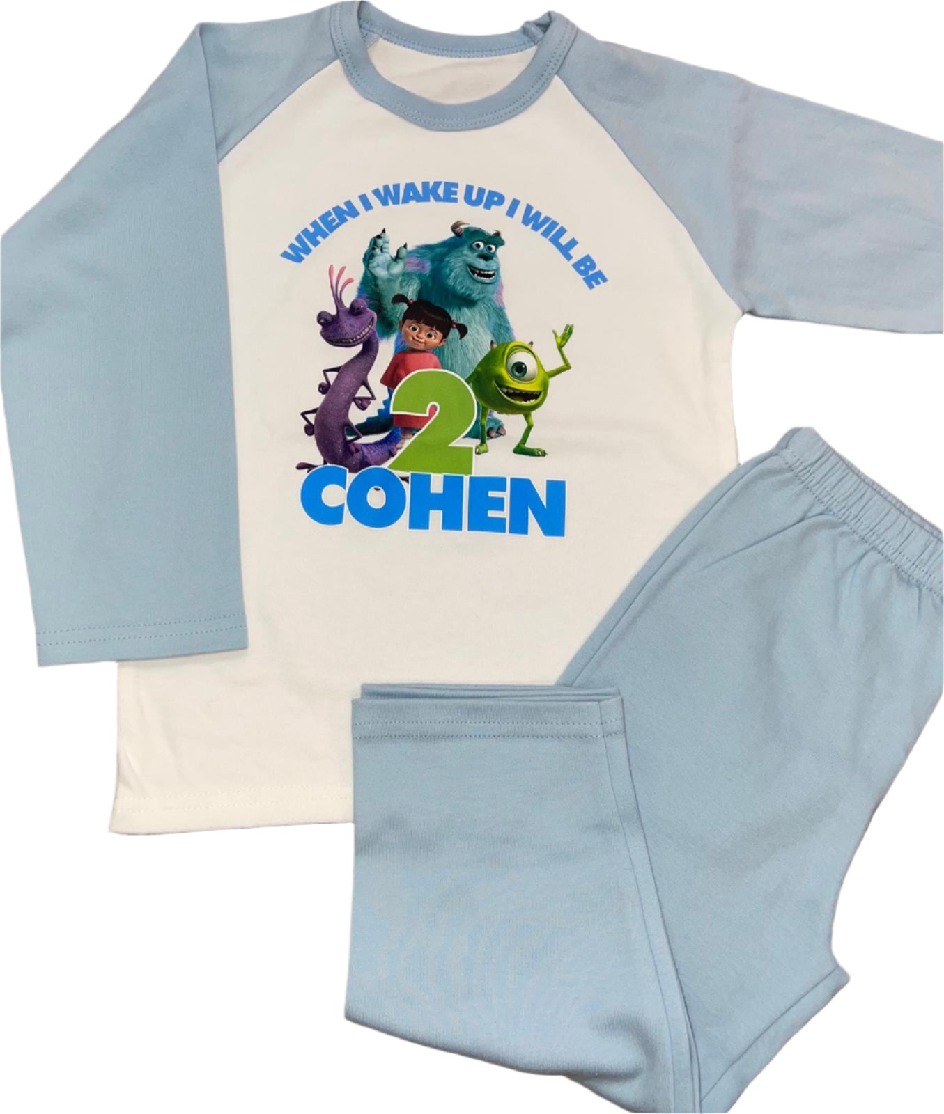 Personalised white & blue Birthday Pyjamas - Monsters