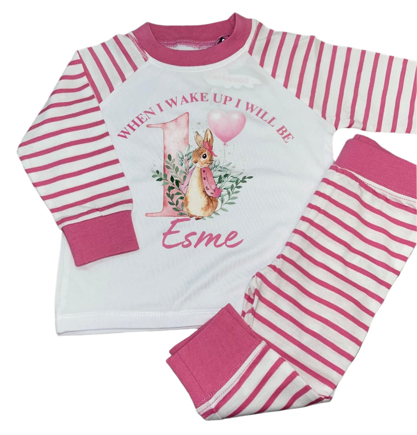 Personalised pink stripe Birthday Pyjamas - Peter / Flopsy Rabbit