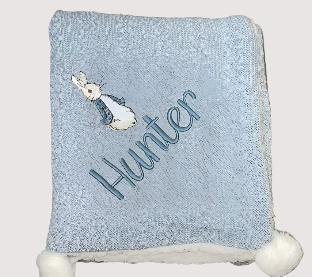 Personalised cable knit pom blanket - Peter / Flopsy rabbit