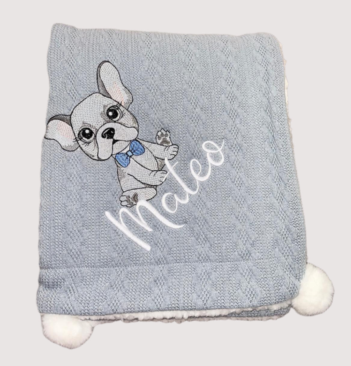 Personalised cable knit pom blanket - Frenchie