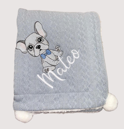 Personalised cable knit pom blanket - Frenchie