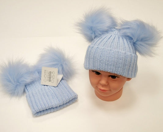Personalised Blue Double pom pom Hat