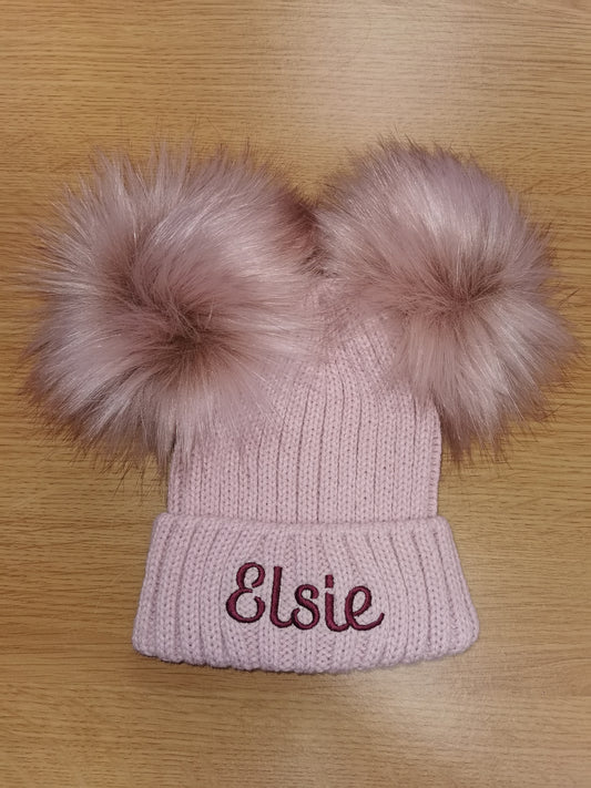 Personalised Luxury Rose gold double pom pom hat