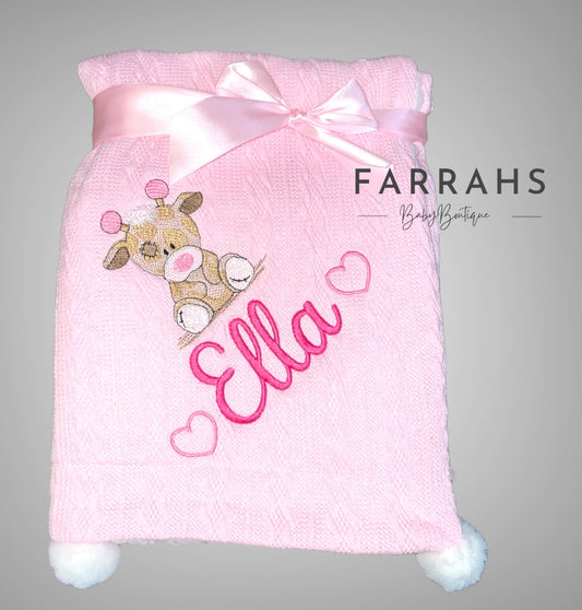Personalised Baby Pink cable giraffe blanket