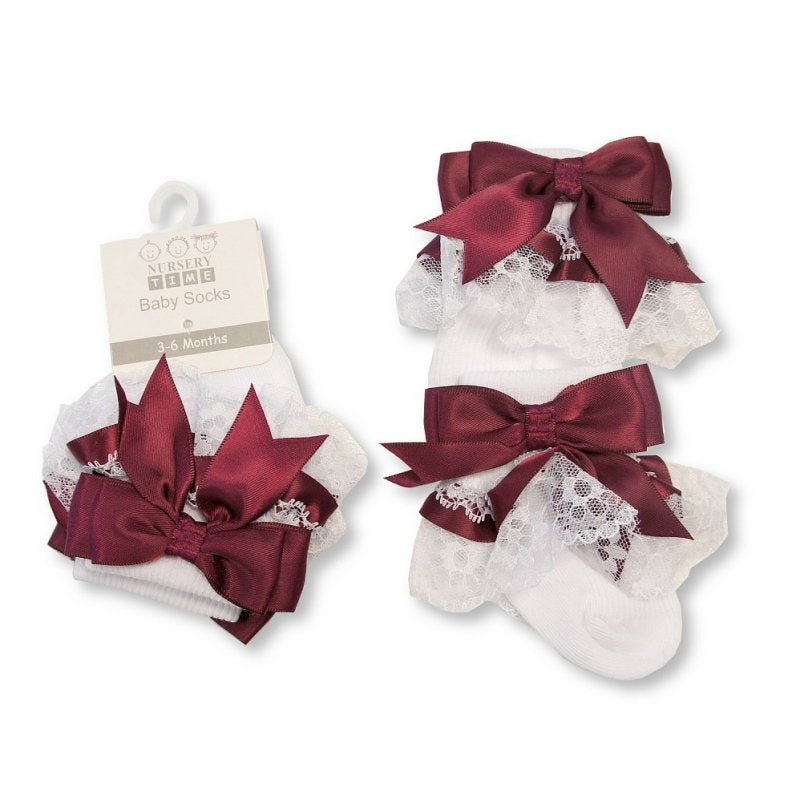 BABY LACE SOCKS WITH BOW - WINE