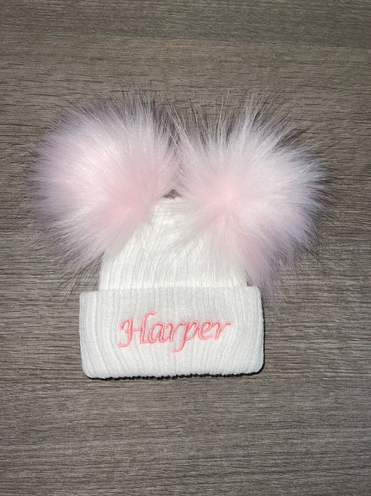 Personalised white & pink newborn double Pom Pom hat