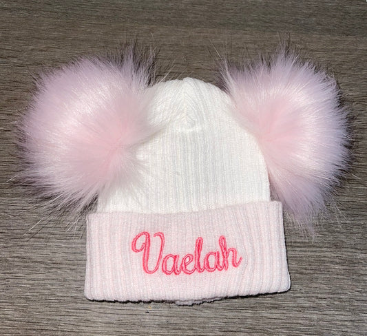 Personalised white & pink stripe double Pom Pom hat