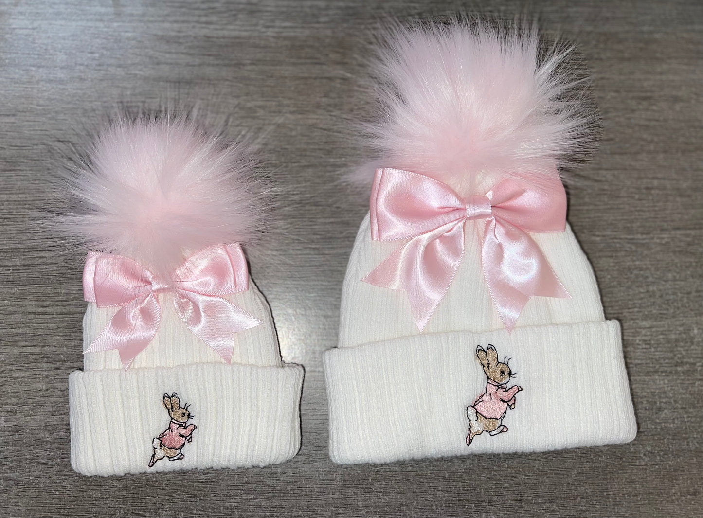 Baby girls knitted white & pink Rabbit Bow pom pom hats