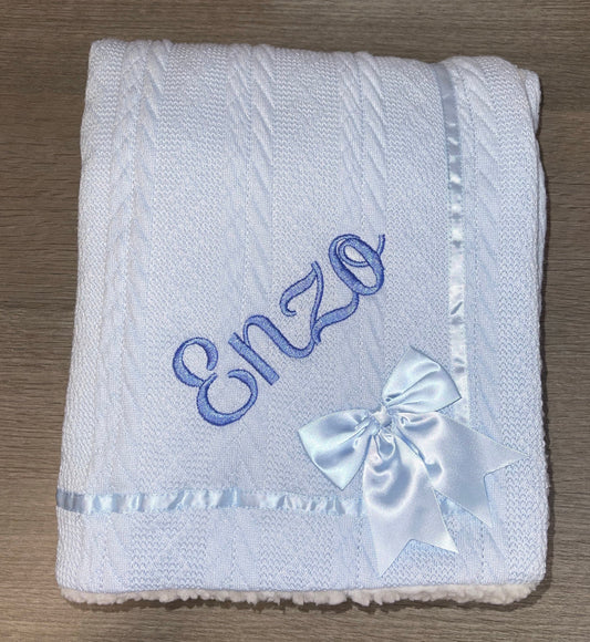 Personalised cable knit bow blnaket - baby blue