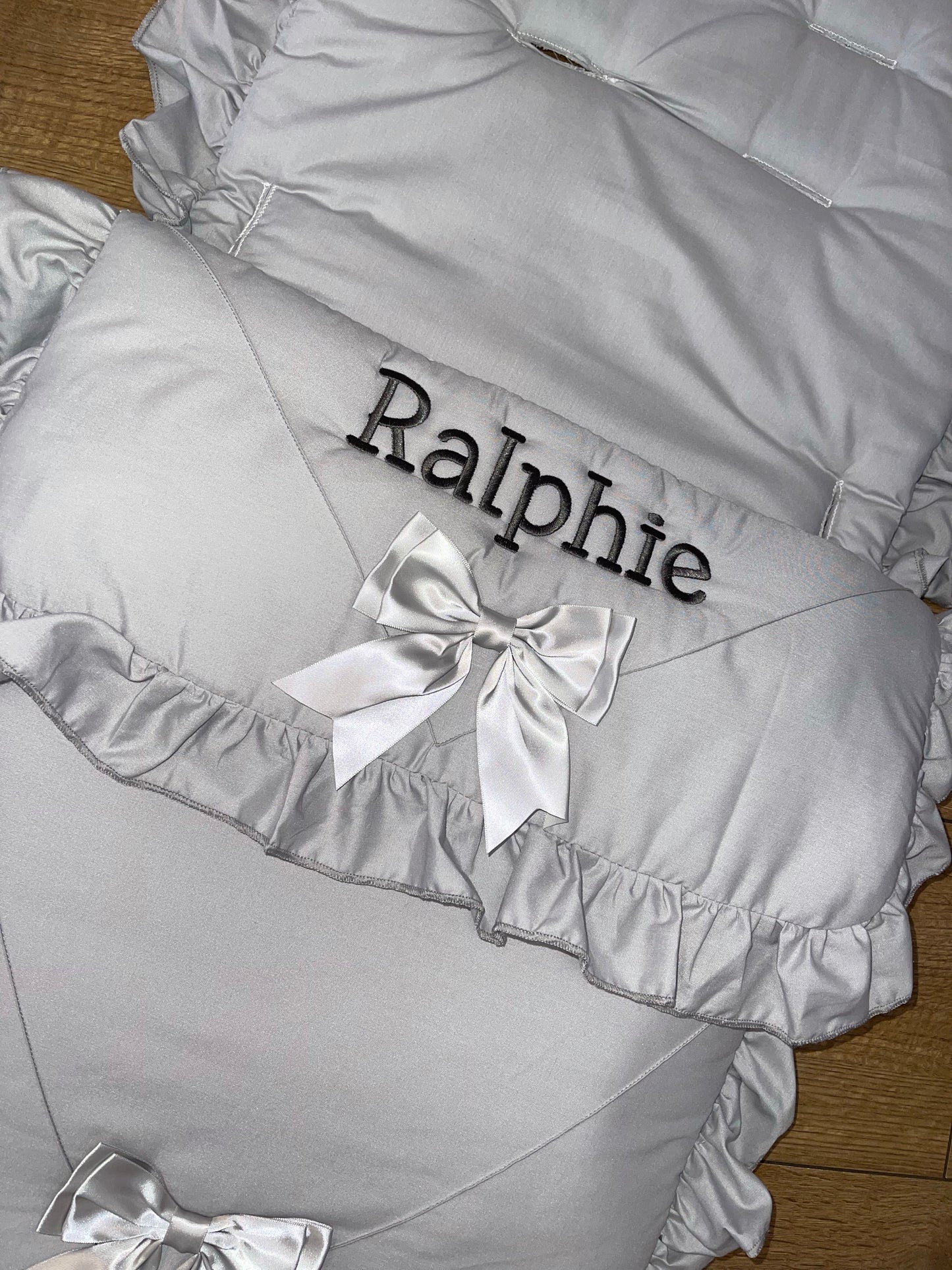 Personalised Two Bow Grey Cosytoes / foot muff