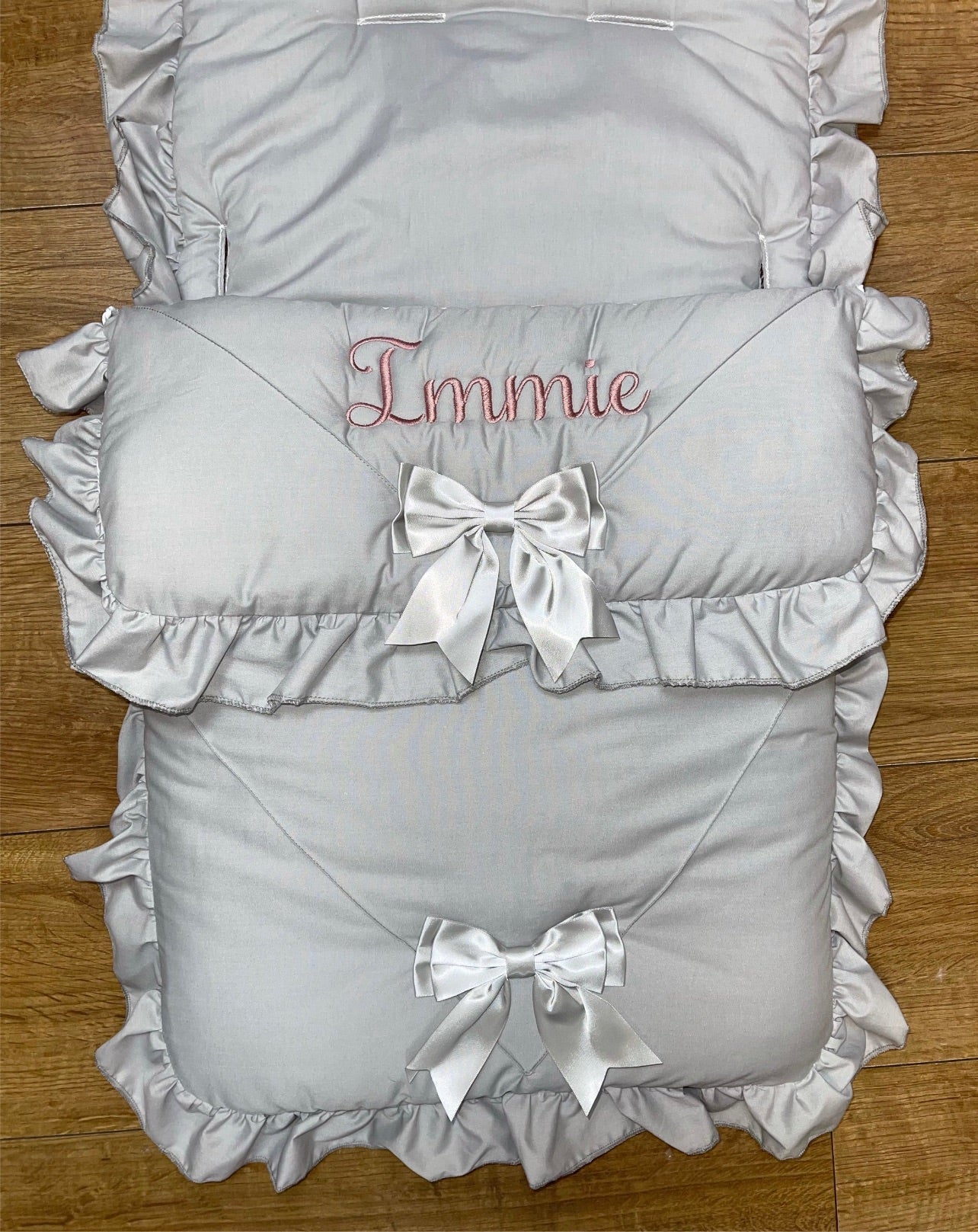 Personalised Two Bow Grey Cosytoes / foot muff