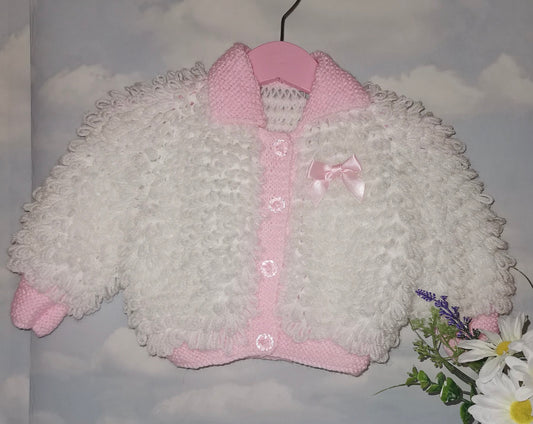 Handmade loopy cardigan - white & baby pink