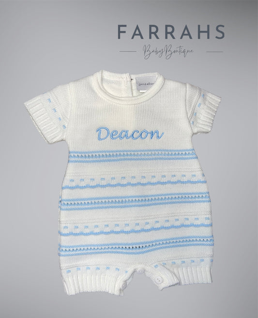 Personalised Dandelion Baby Boys White & Blue Striped Knitted Romper