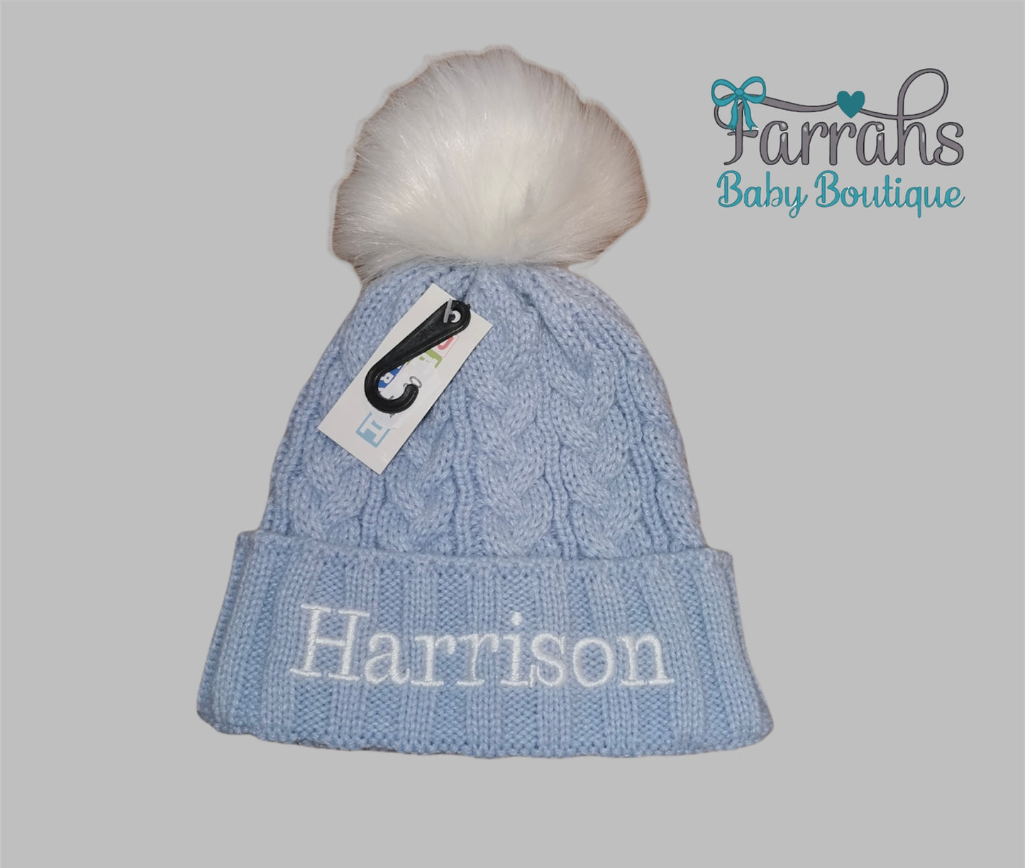 Personalised blue cable knit faux fur Pom hat