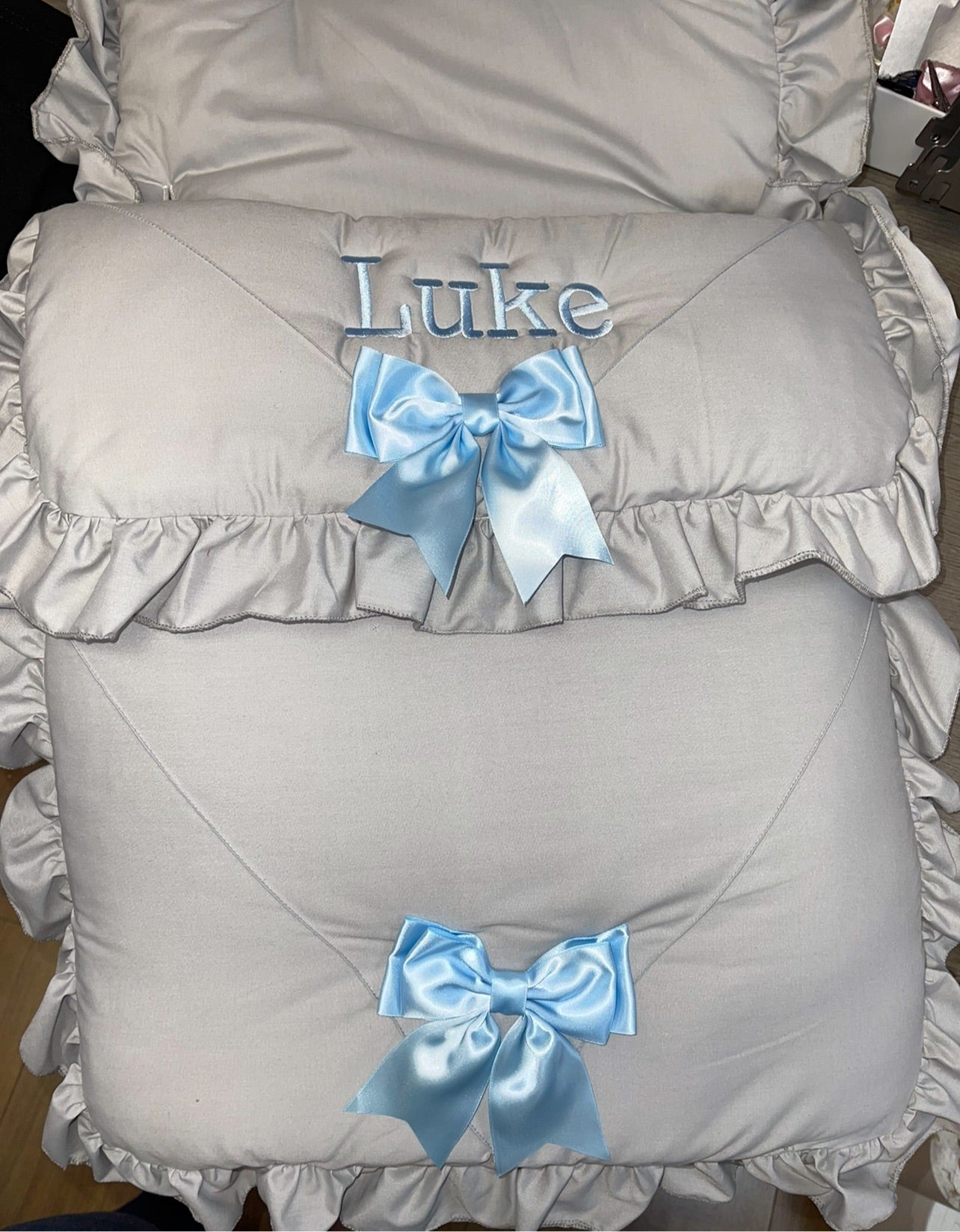Personalised Two Bow Grey & blue Cosytoes