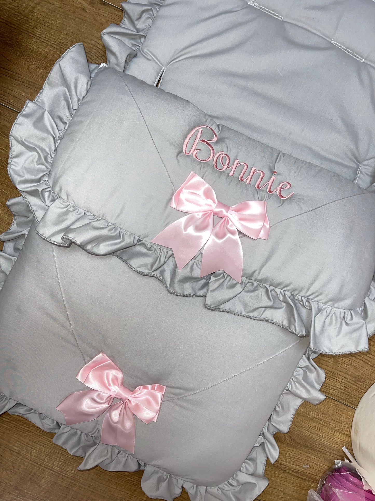 Personalised Two Bow Grey & pink Cosytoes / foot muff