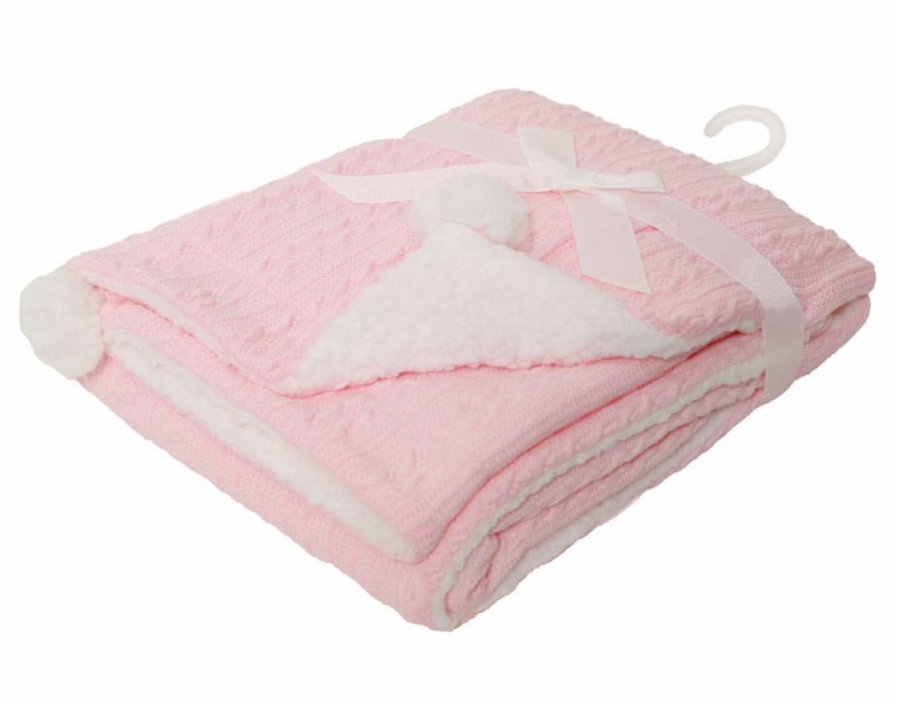 Cable knit sherpa Pom Pom blanket - Baby pink