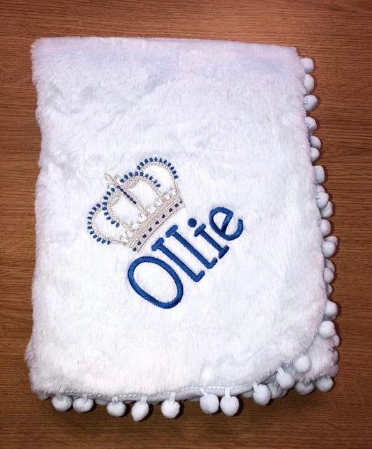 Personalised blue Pom Pom blanket with Crown