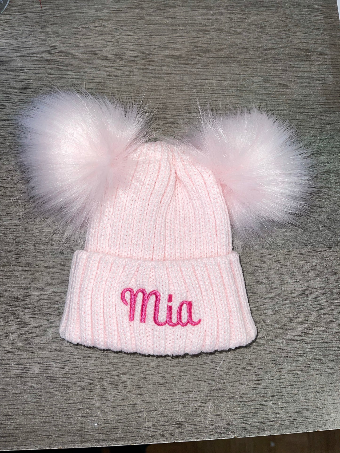 Personalised Luxury baby pink double pom pom hat