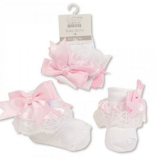 BABY LACE SOCKS WITH BOW - PINK