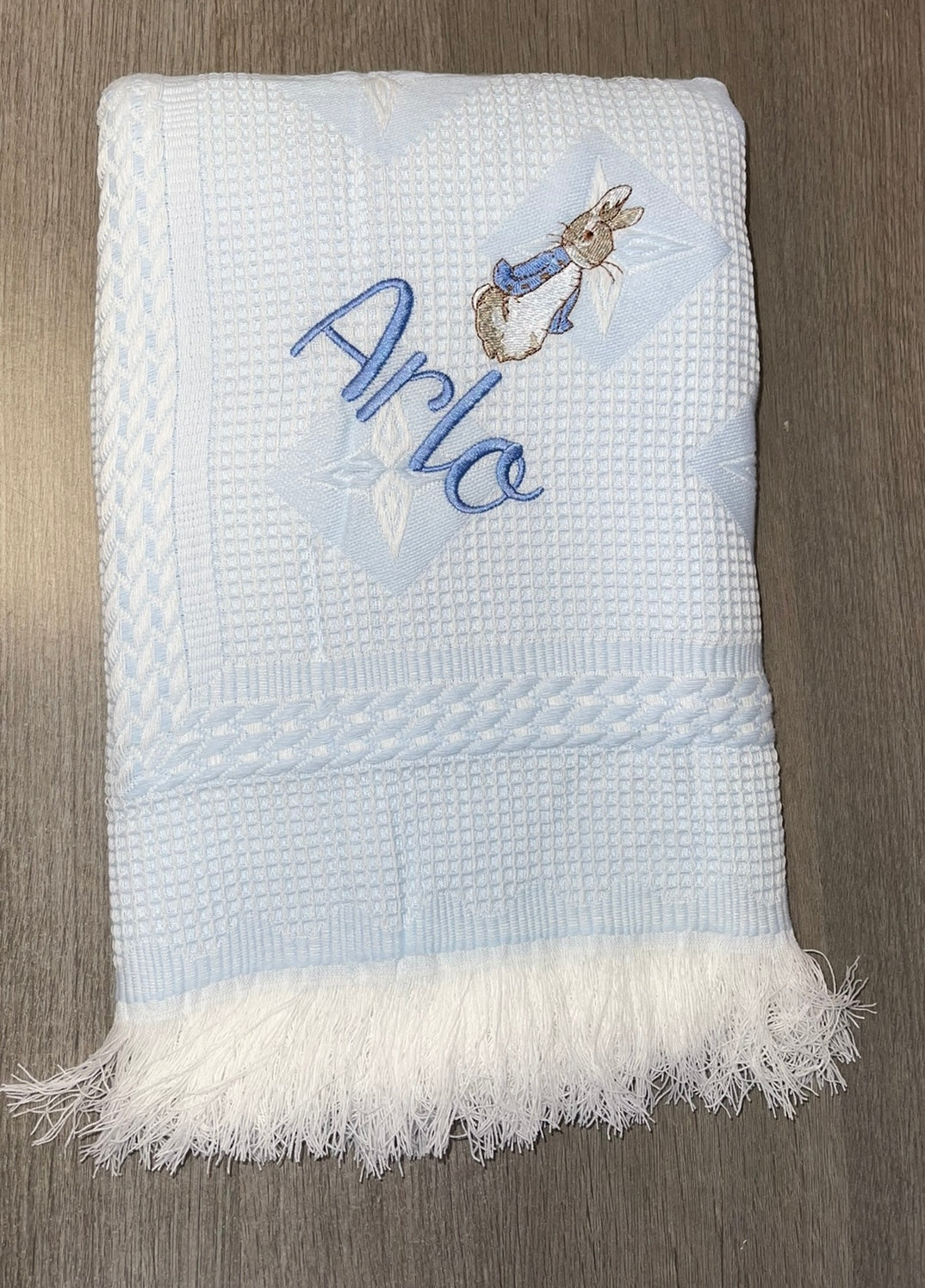 Personalised Blue Peter Rabbit design shawl