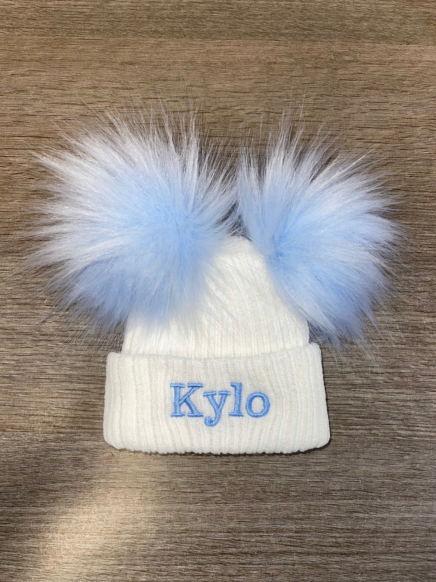 Personalised white & blue newborn double Pom Pom hat