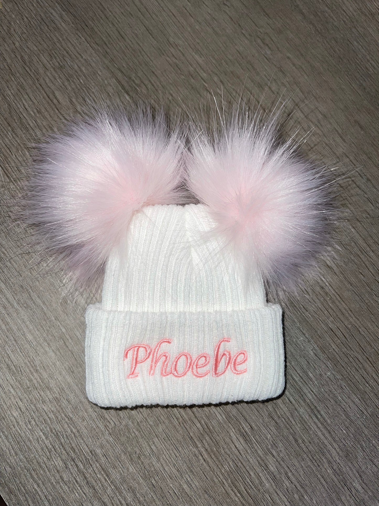 Personalised white & pink newborn double Pom Pom hat