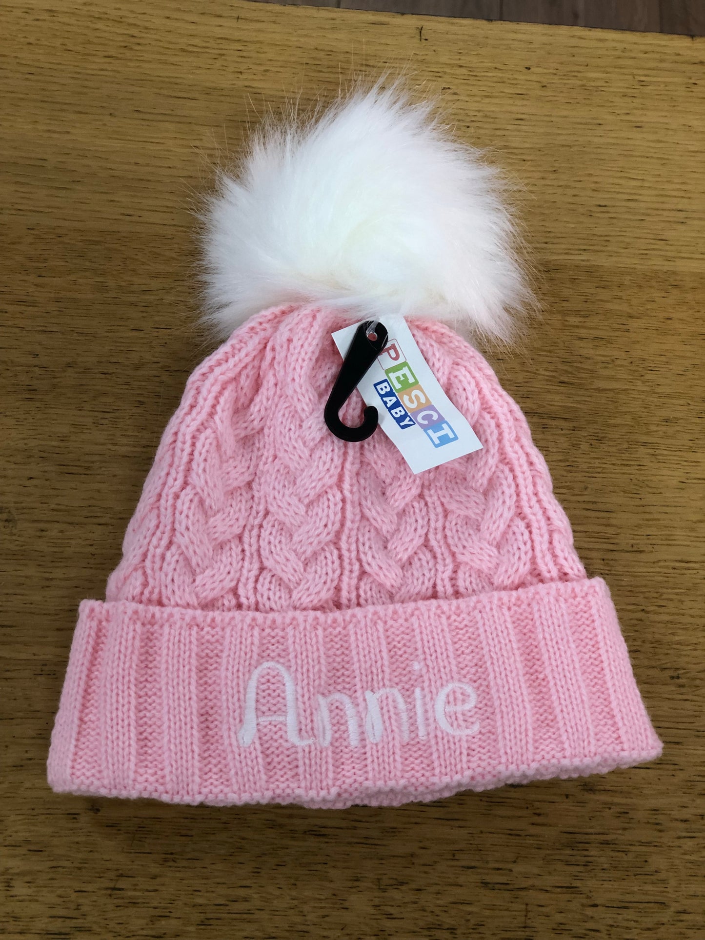 Personalised pink cable knit faux fur Pom hat