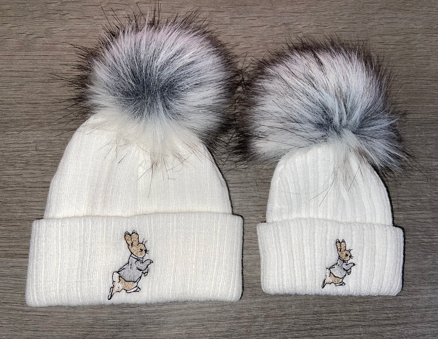Babies knitted white & grey Rabbit pom pom hats